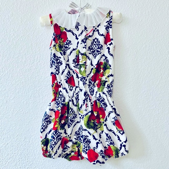 ♥️HP Monnalisa Strawberry Shortie Romper 18M Red White Blue Bow Snaps Worn Once - Picture 2 of 10
